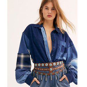Free People Patchwork-Sleeve Frayed-Edge Shirt.S,M